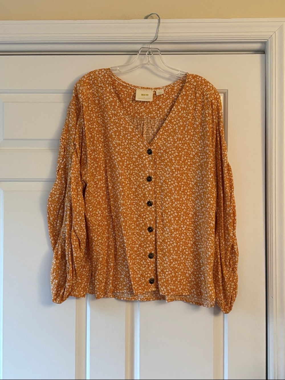 Anthropologie Maeve Golden Mustard Floral Button-Front Top